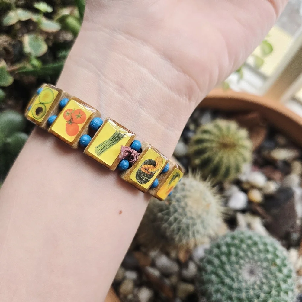 Vintage Vegetable Boho Bohemian Wooden Bead Beaded Stretch Bracelet